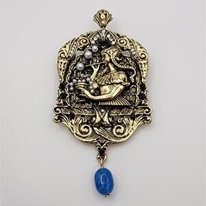 Medieval Lady Blowing Bubbles Brooch Bas-Relief Faux Pearl and Dangle Stone